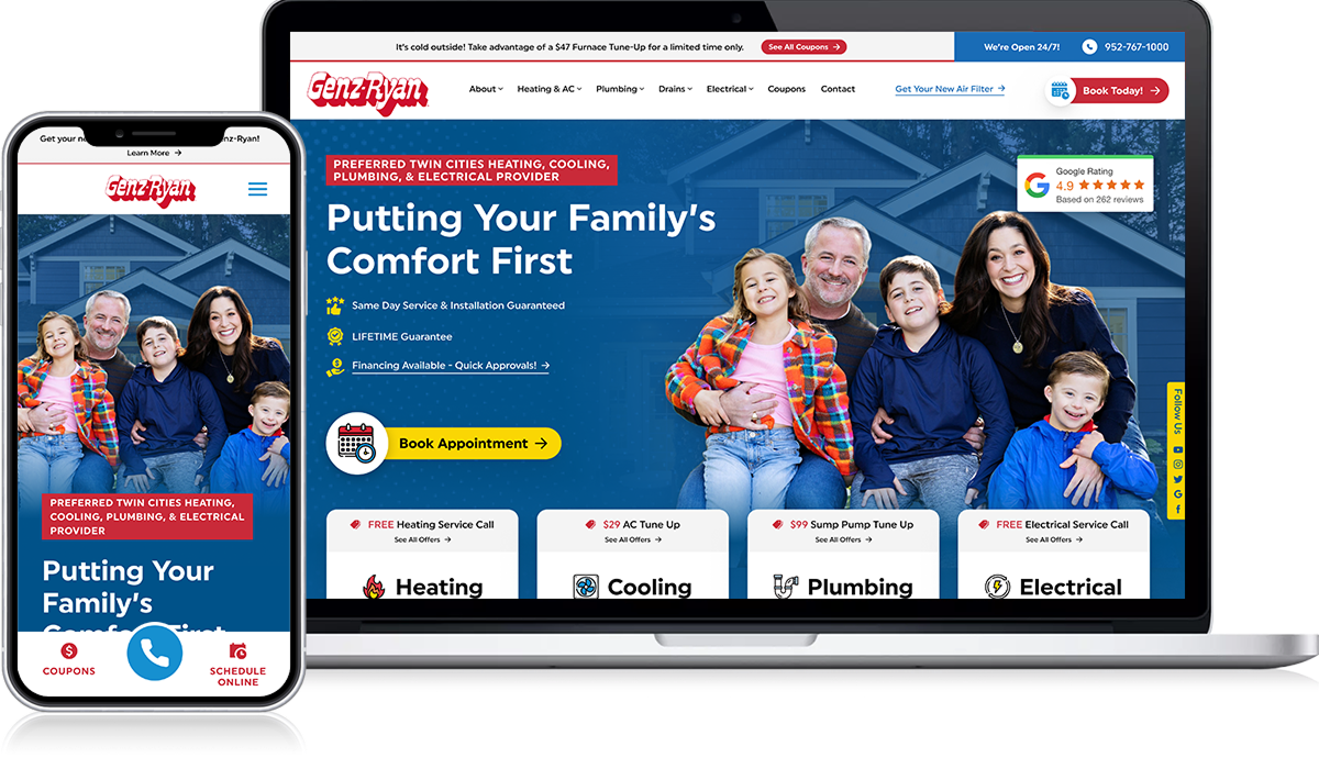 On the Restoration Webmasters website, both smartphone and laptop screens display the same cohesive digital lookbook featuring a vibrant image of a smiling family of five. The site prominently presents contractor-focused service messaging and clear lead-generation calls to action. A striking red "Book Appointment" button invites immediate action. Complementing these elements is a stylized house illustration that serves as the background.