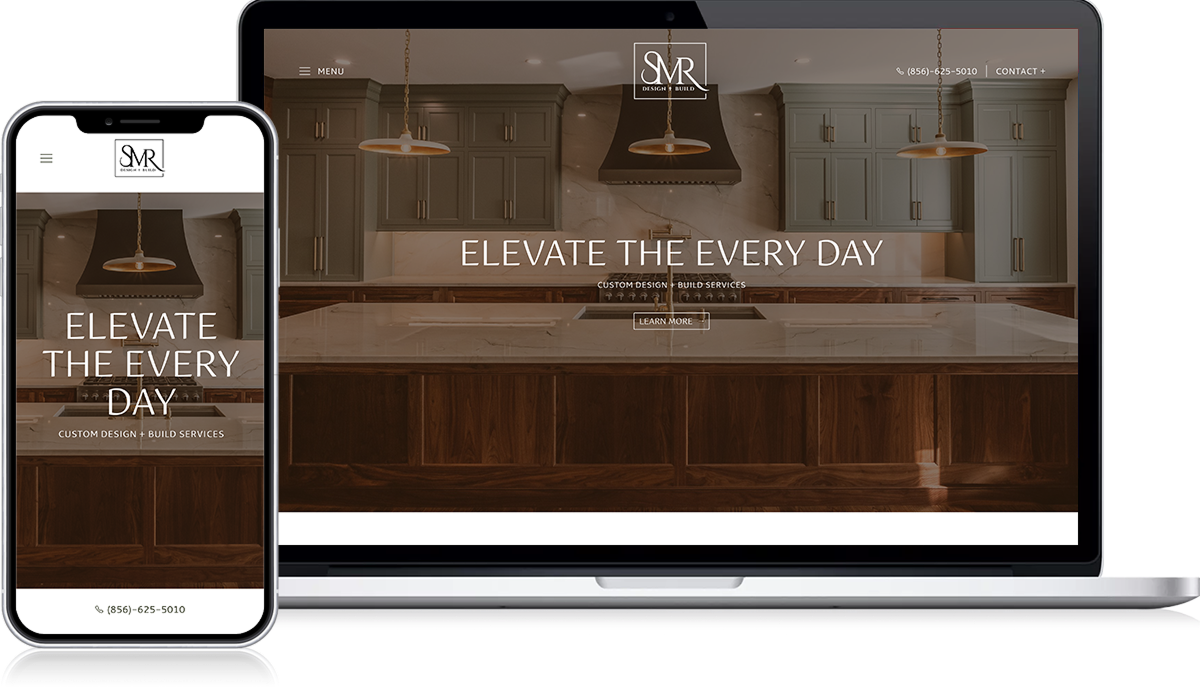On the Restoration Webmasters website, the smartphone and laptop display the "SNR Custom Design + Build Services" website, featuring an image of a kitchen countertop. A digital lookbook encourages you to "Elevate the Every Day," with contact information prominently shown on both screens.