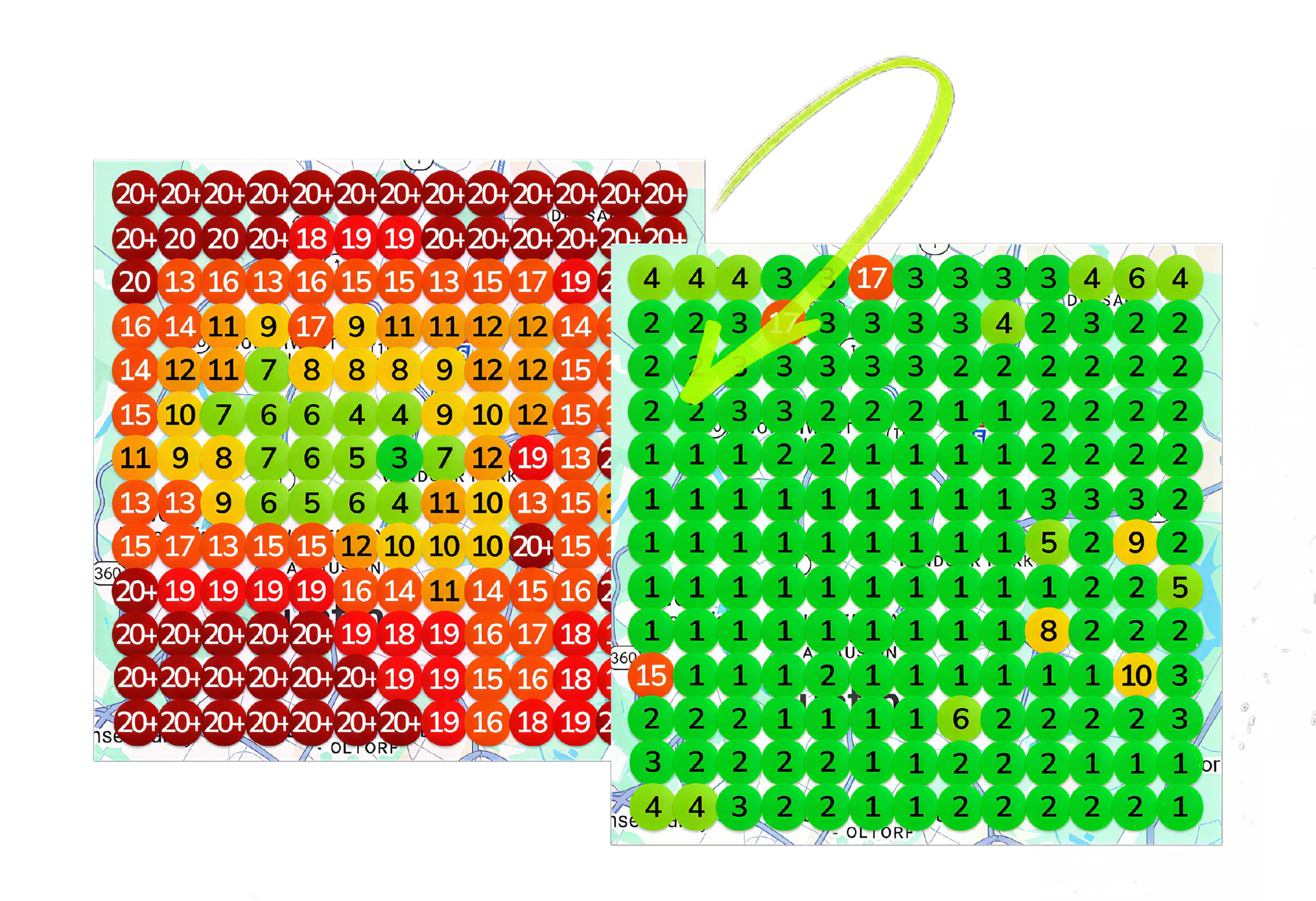 Local search ranking map before and after SEO
